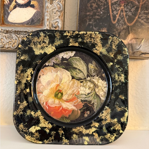 Vintage Lesley Roy Signed Reverse Glass Art Floral Plate Black & Gold 8”